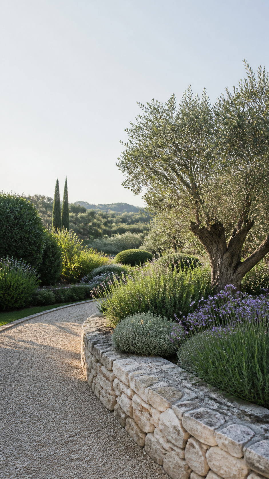 Jardin méditerranéen avec olivier, chemin et muret en pierre.