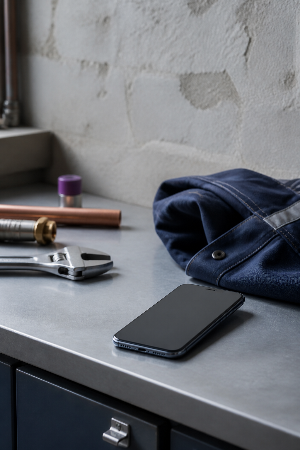 Téléphone posé sur un établi avec des outils de plomberie.