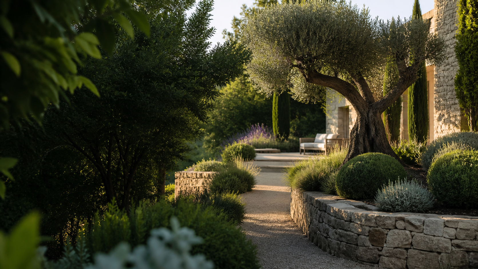 Jardin méditerranéen avec olivier, chemin en gravier et muret en pierre.